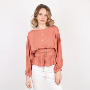 Free People Darling Dream Bell Sleeve Corset Top  Peplum Ruffle Pirate Boho Smal